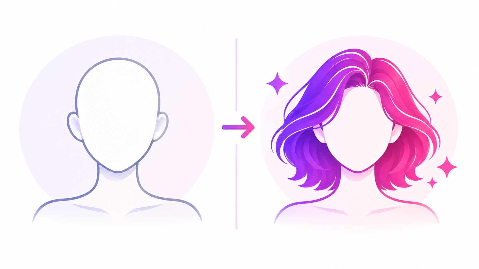 A plain face illustration next to the same face wearing a hairstyle, showing a before and after comparison