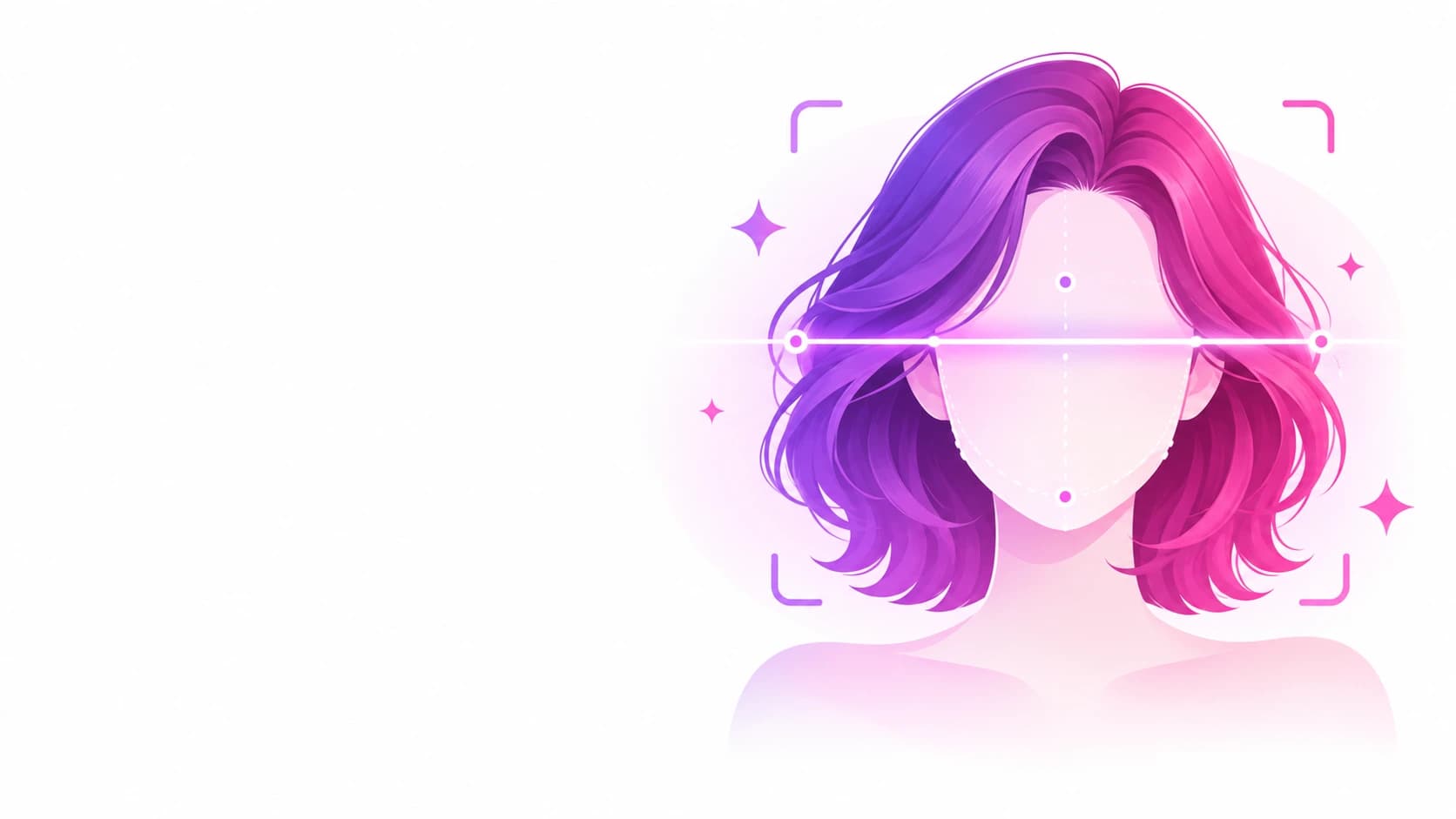 Illustration of a face with a flowing hairstyle and a facial landmark scan line with sparkle accents