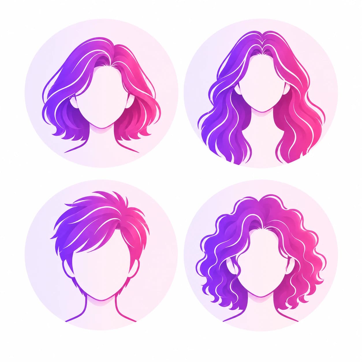 Four face illustrations each wearing a different hairstyle — a bob, long waves, a pixie cut, and curls