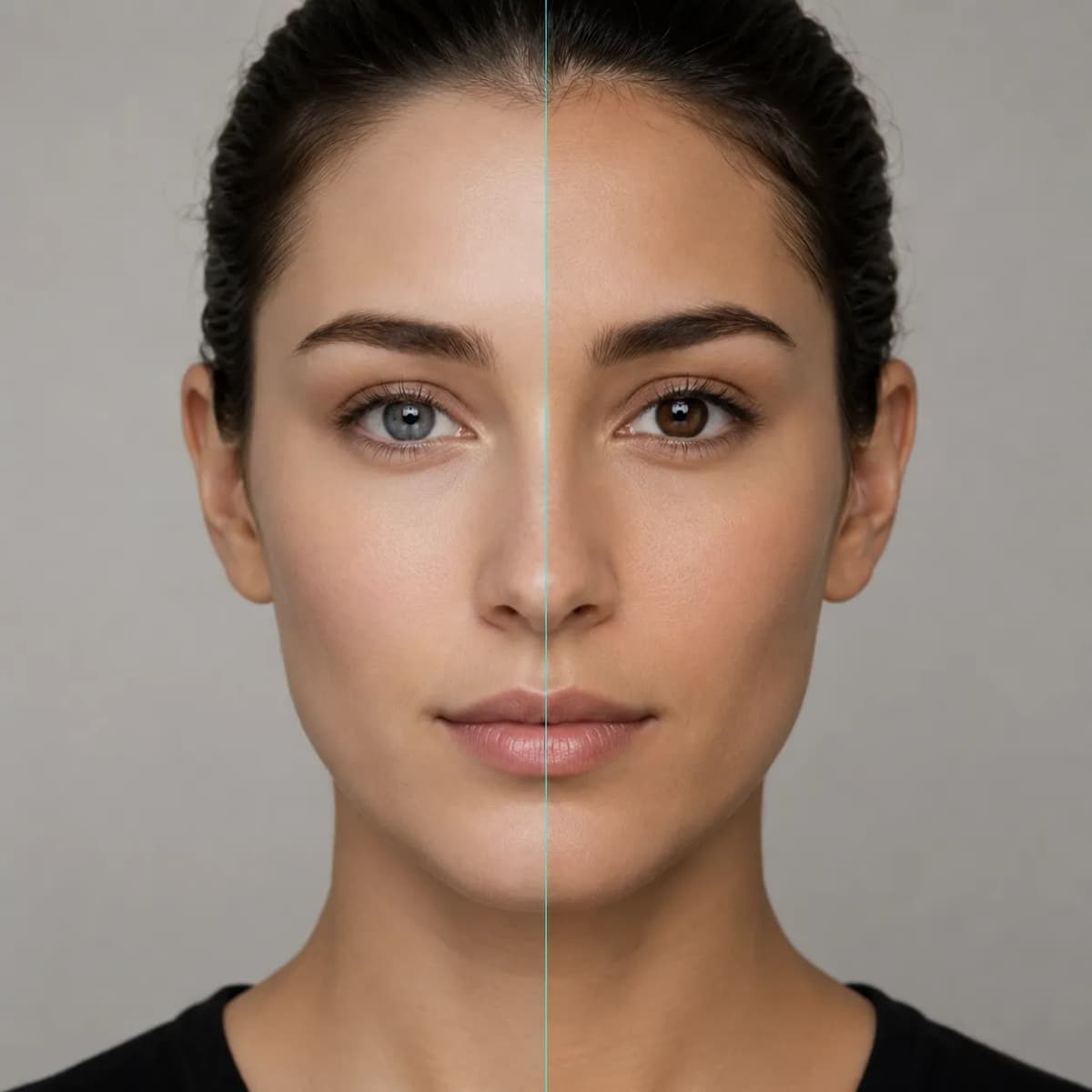 Split-face comparison of two women with matching facial structure