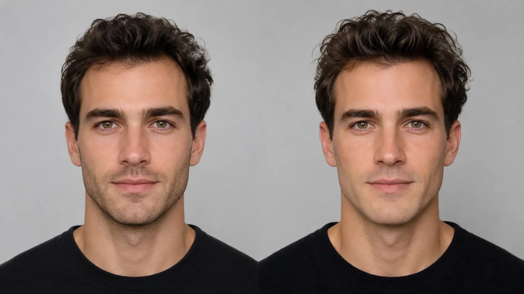 Two unrelated men who look strikingly alike, illustrating how doppelgangers share facial structure