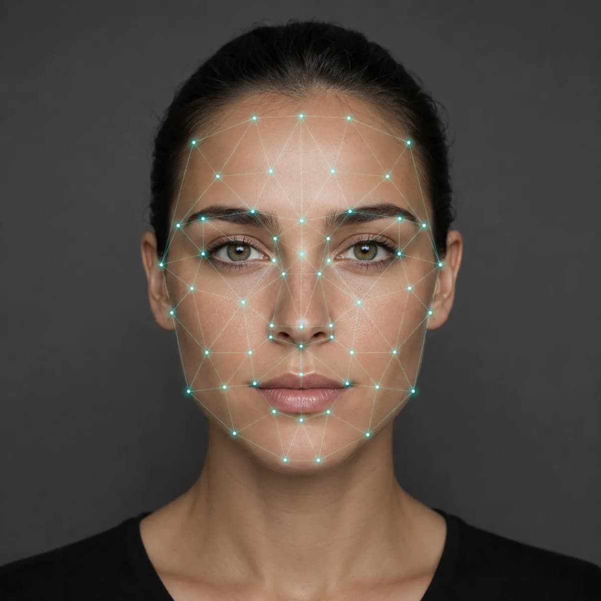 AI face recognition landmark mesh mapped across a woman's face