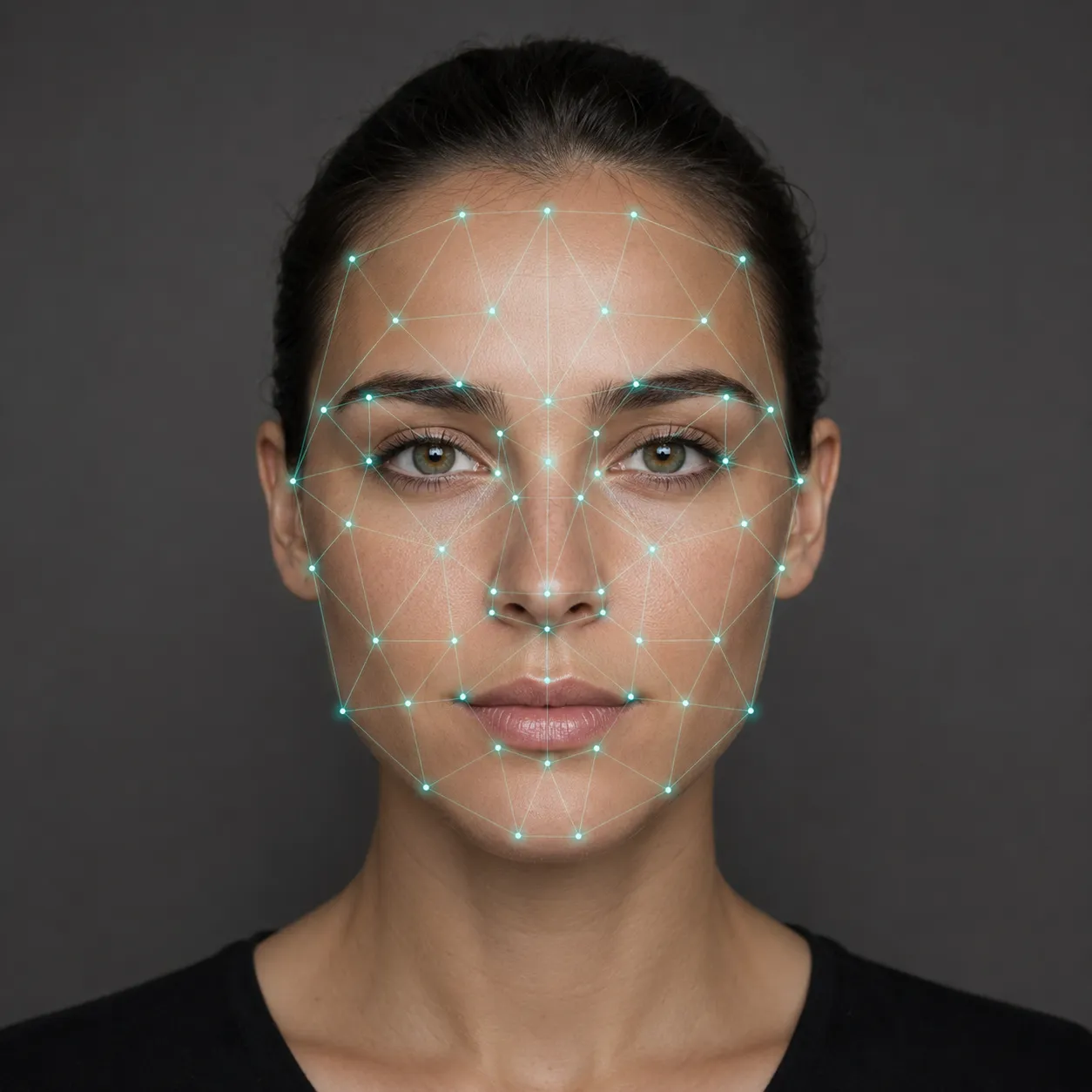 AI face recognition landmark mesh mapped across a woman's face