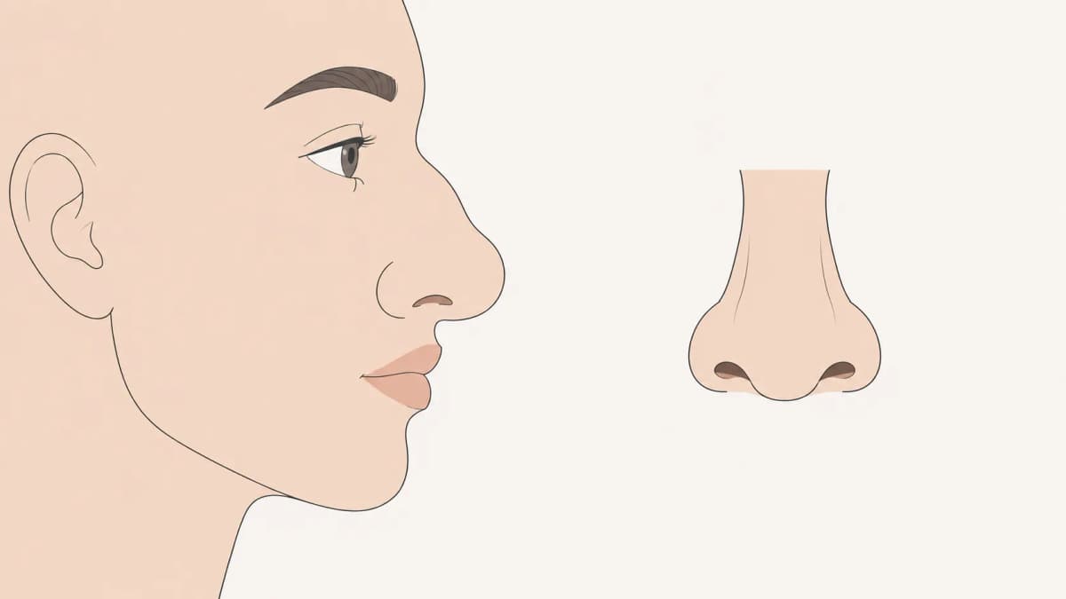 Fleshy nose shape shown in side profile and front view illustration