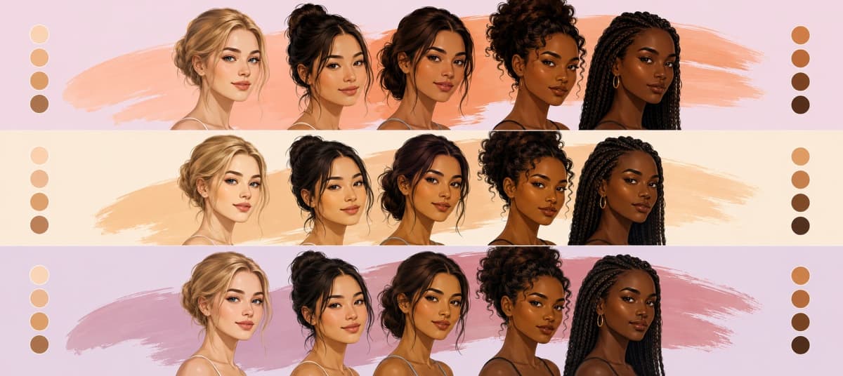 Five women with different skin tones next to foundation bottles and matching shade swatch columns