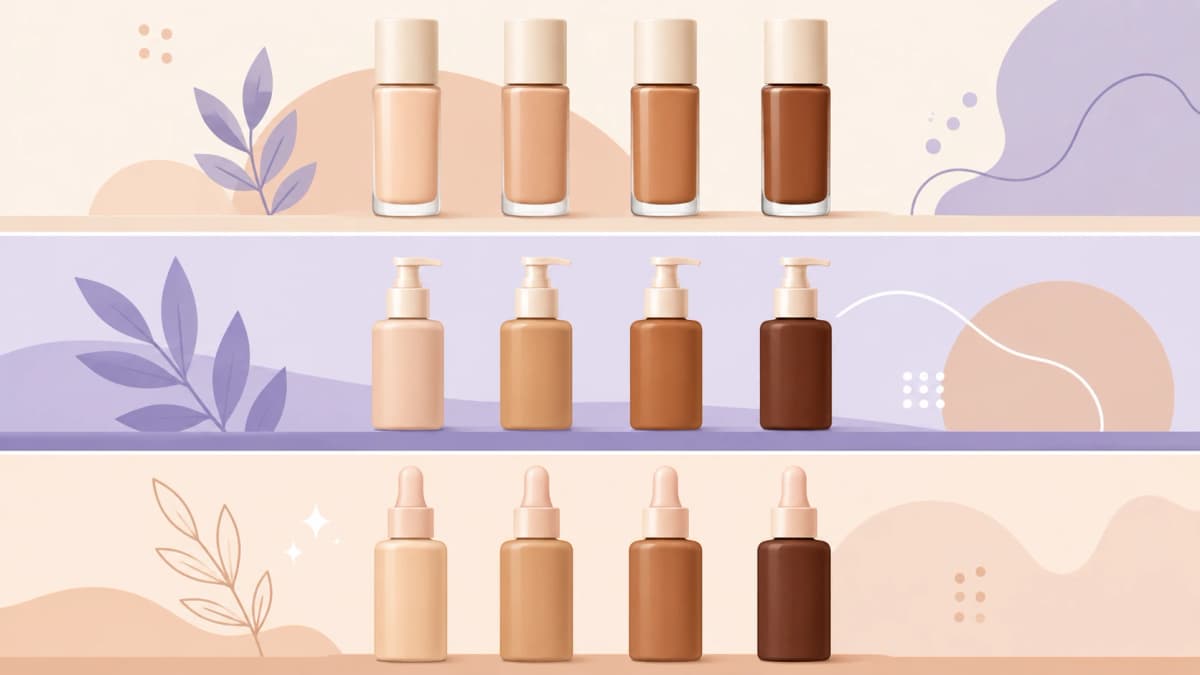 Three shelves of foundation bottles in classic, pump, and dropper styles across a range of shades