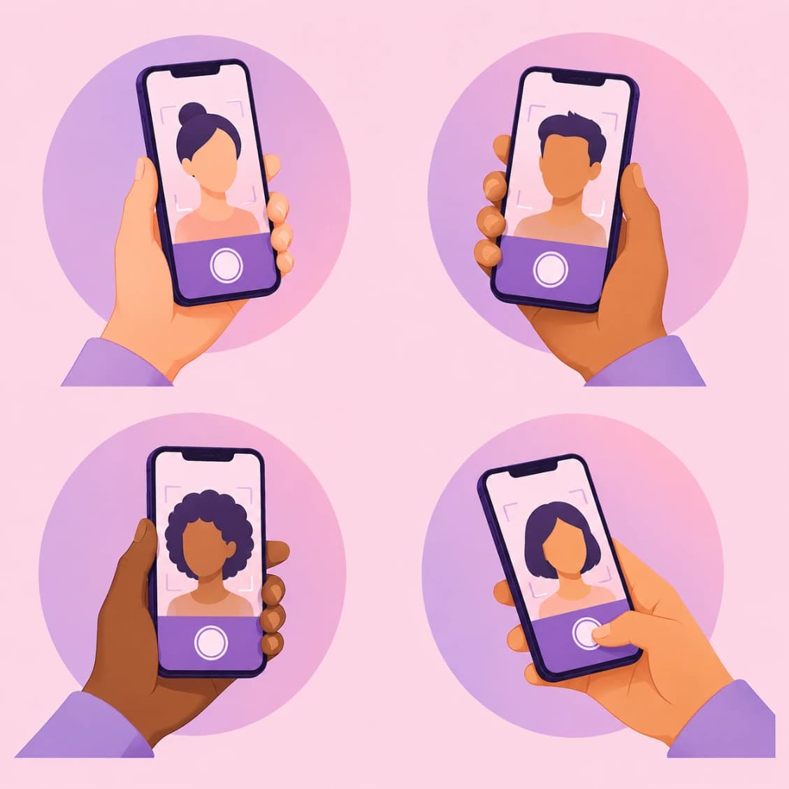 Four diverse hands holding phones framing different faces inside the camera viewfinder
