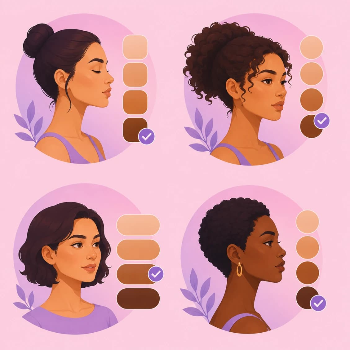 Four diverse face profiles each with a checkmark next to a column of matched foundation shade swatches