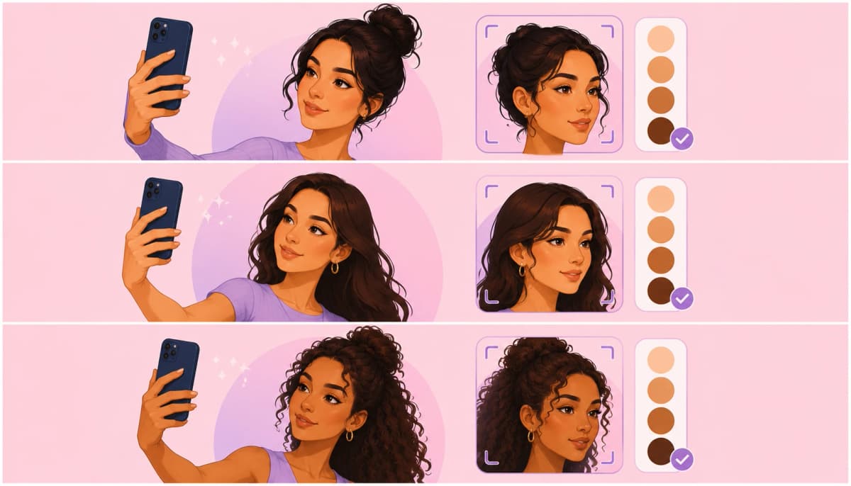 Three women taking selfies with their phones next to scanned face previews and matched foundation shade swatches