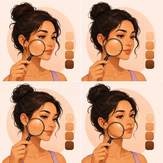 Magnifying glass zooming in on a pixelated skin tone sample next to foundation shade swatches