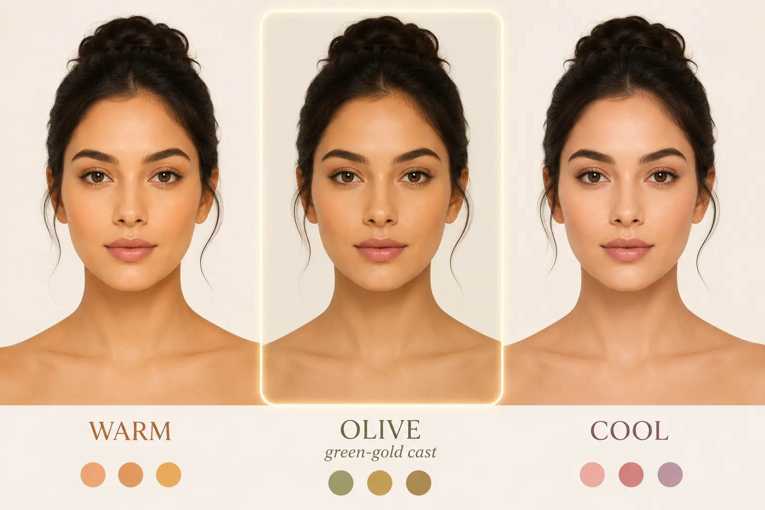 Olive skin tone green-gold cast compared to warm and cool undertones