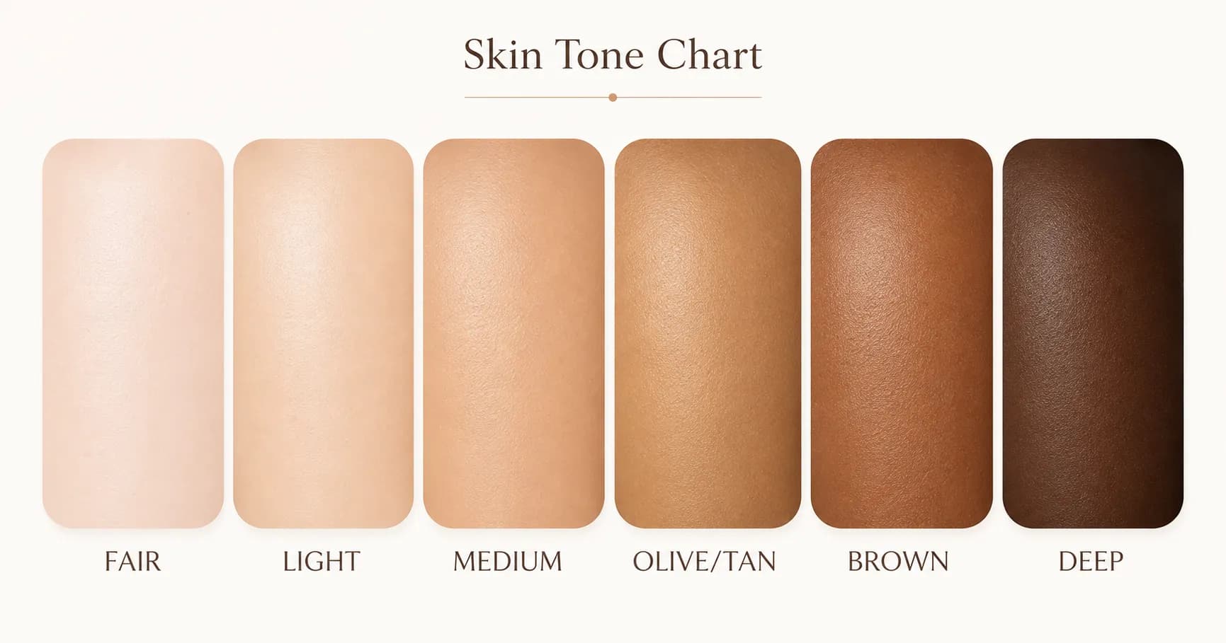 Skin tone chart showing 6 skin tones from fair to deep with names
