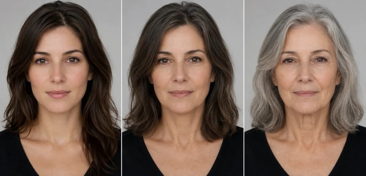 AI aging progression showing the same woman in her 20s, 40s, and 60s