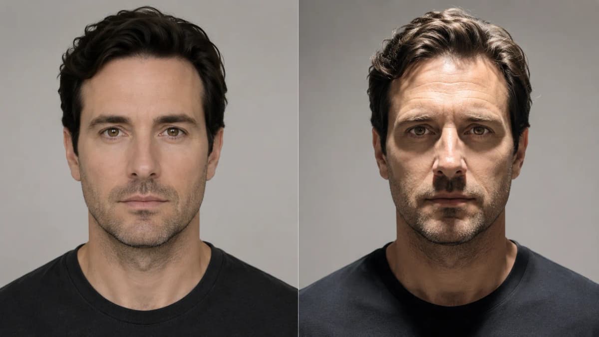 Comparison of the same man under soft frontal lighting and harsh overhead lighting