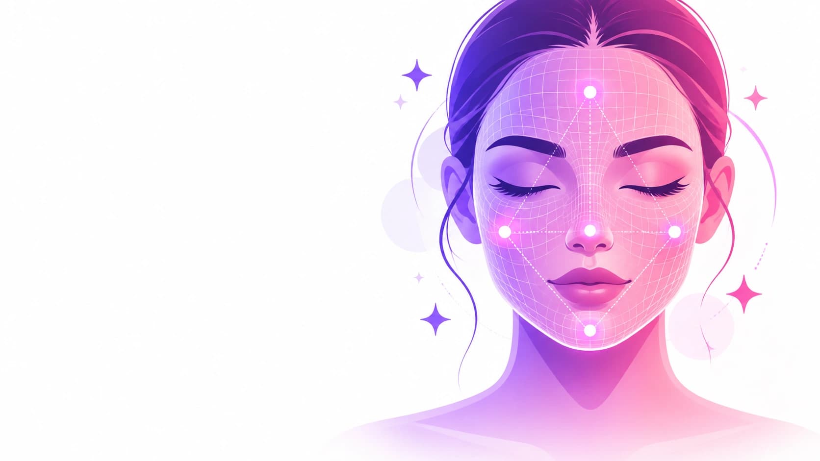 Illustration of a woman's face with an AI landmark grid overlay used for skin analysis