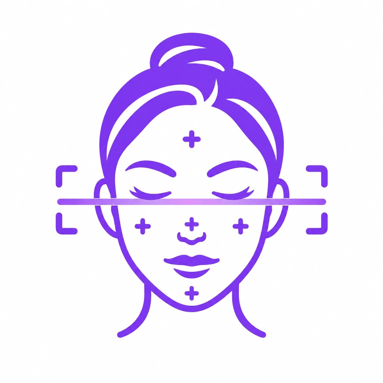 Illustration of a face with a scan line and landmark points across the forehead, cheeks, nose and chin