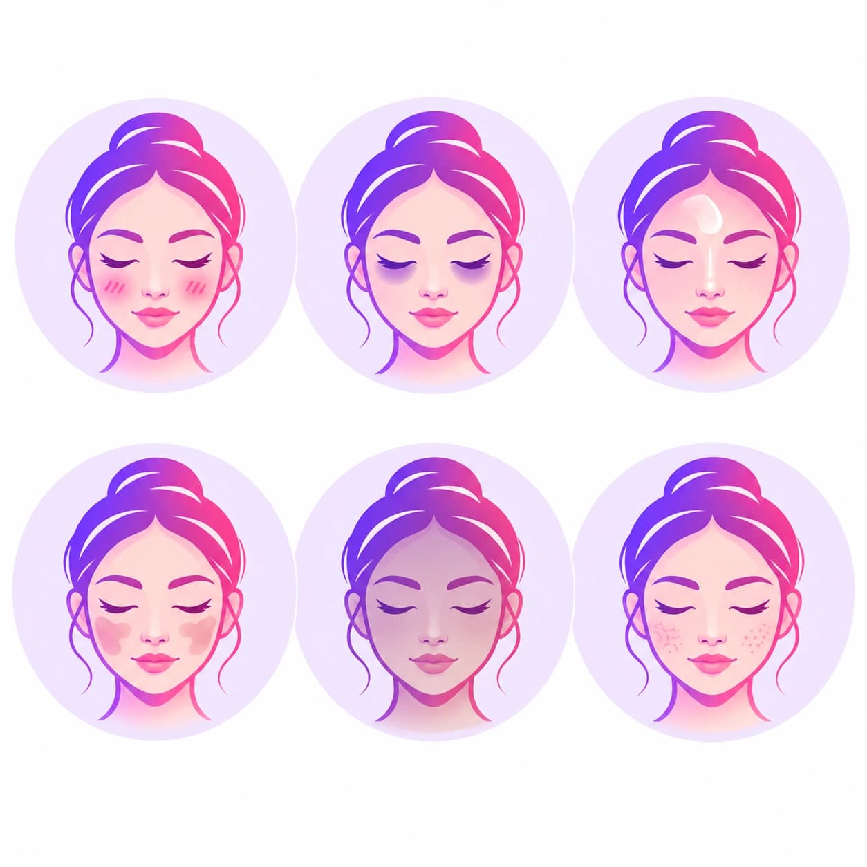 Chart of six detectable skin concerns: redness, dark circles, T-zone shine, uneven tone, dullness, and dryness