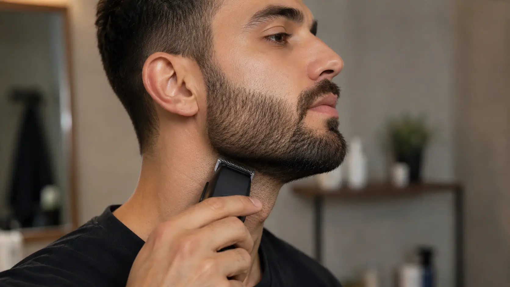 Man trimming his beard cheek line with an electric clipper, side profile