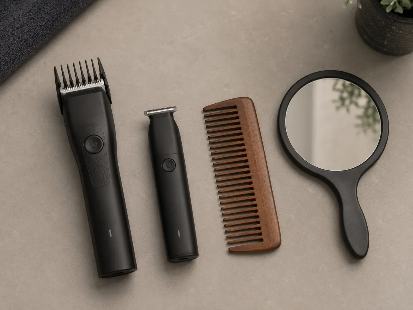 Beard grooming tools flat lay: clipper with guard attached, detail trimmer, wooden wide-tooth comb, and hand mirror