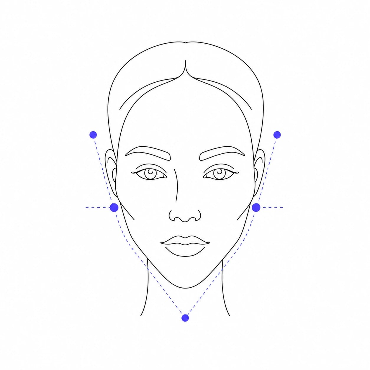 Diamond face shape diagram showing cheekbones the widest zone, forehead only 70–80% of cheekbone width