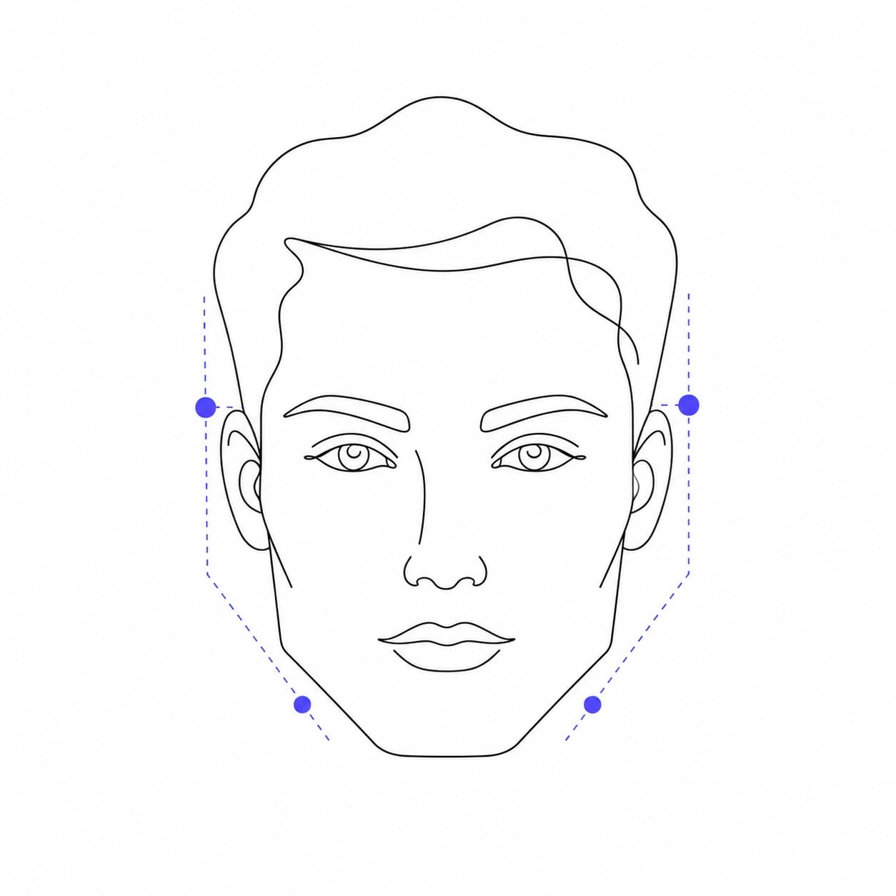 Square face shape diagram showing 1.0:1 to 1.2:1 length-to-width ratio with equal forehead, cheekbone, and jaw widths