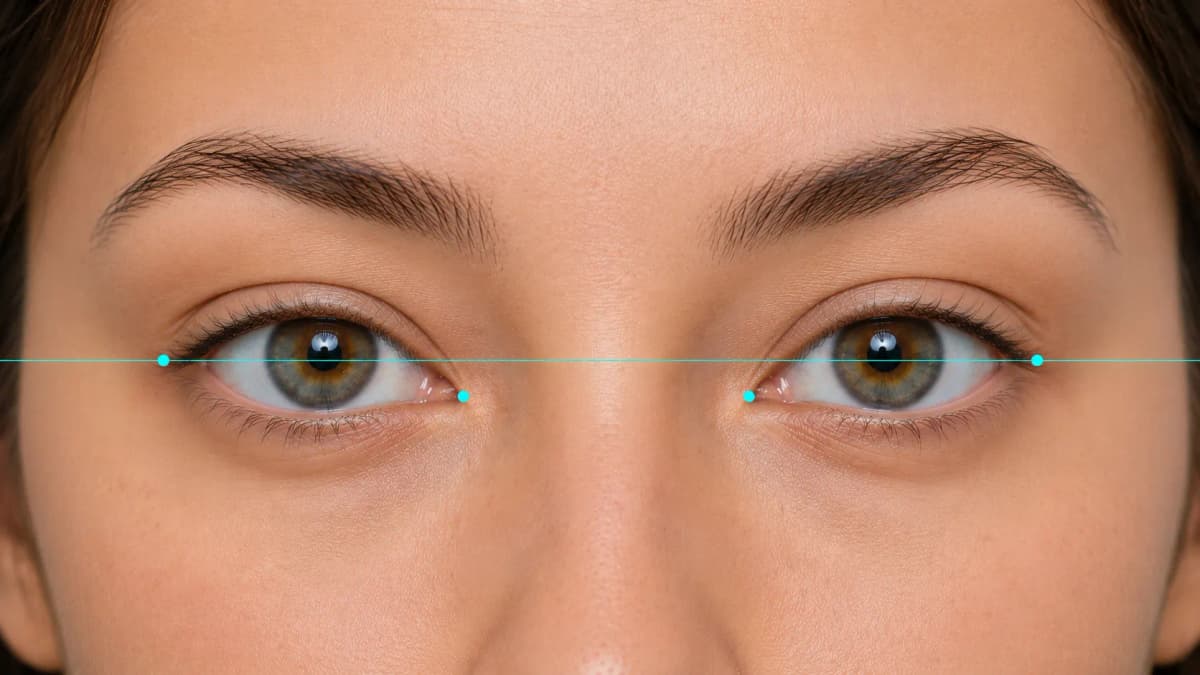 Diagram showing a horizontal line through the pupils used to judge eye corner tilt