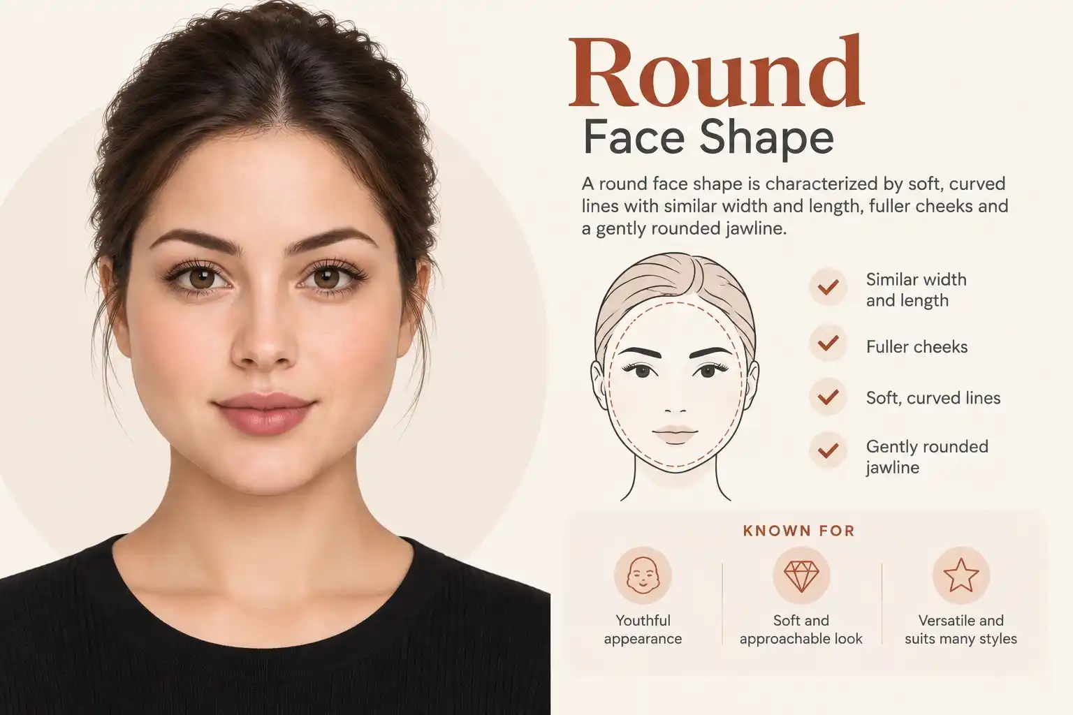Round face shape infographic: a woman with a round face next to a labeled diagram and checklist reading "A round face shape is characterized by soft, curved lines with similar width and length, fuller cheeks and a gently rounded jawline" — traits listed as similar width and length, fuller cheeks, soft curved lines, and gently rounded jawline; known for a youthful appearance, a soft and approachable look, and being versatile and suiting many styles.
