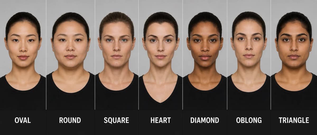 Face shapes comparison chart showing oval, round, square, heart, diamond, oblong and triangle examples
