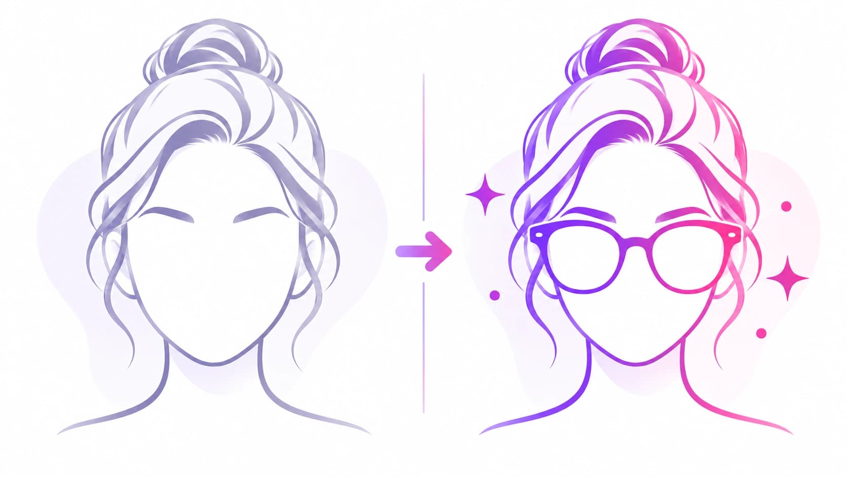 A plain face illustration next to the same face wearing glasses, showing a before and after comparison