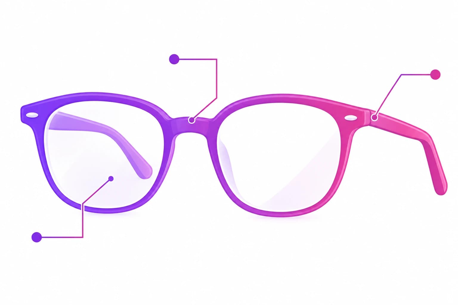 Diagram of a glasses frame with pointer lines labeling the lens, bridge, and temple