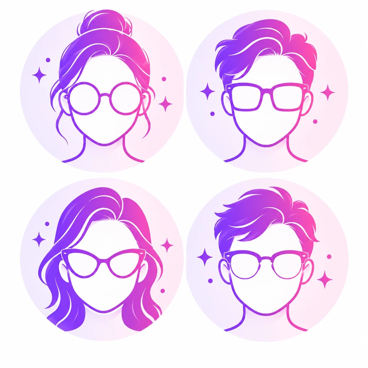 Four face illustrations each wearing a different glasses frame shape — round, square, cat-eye, and browline