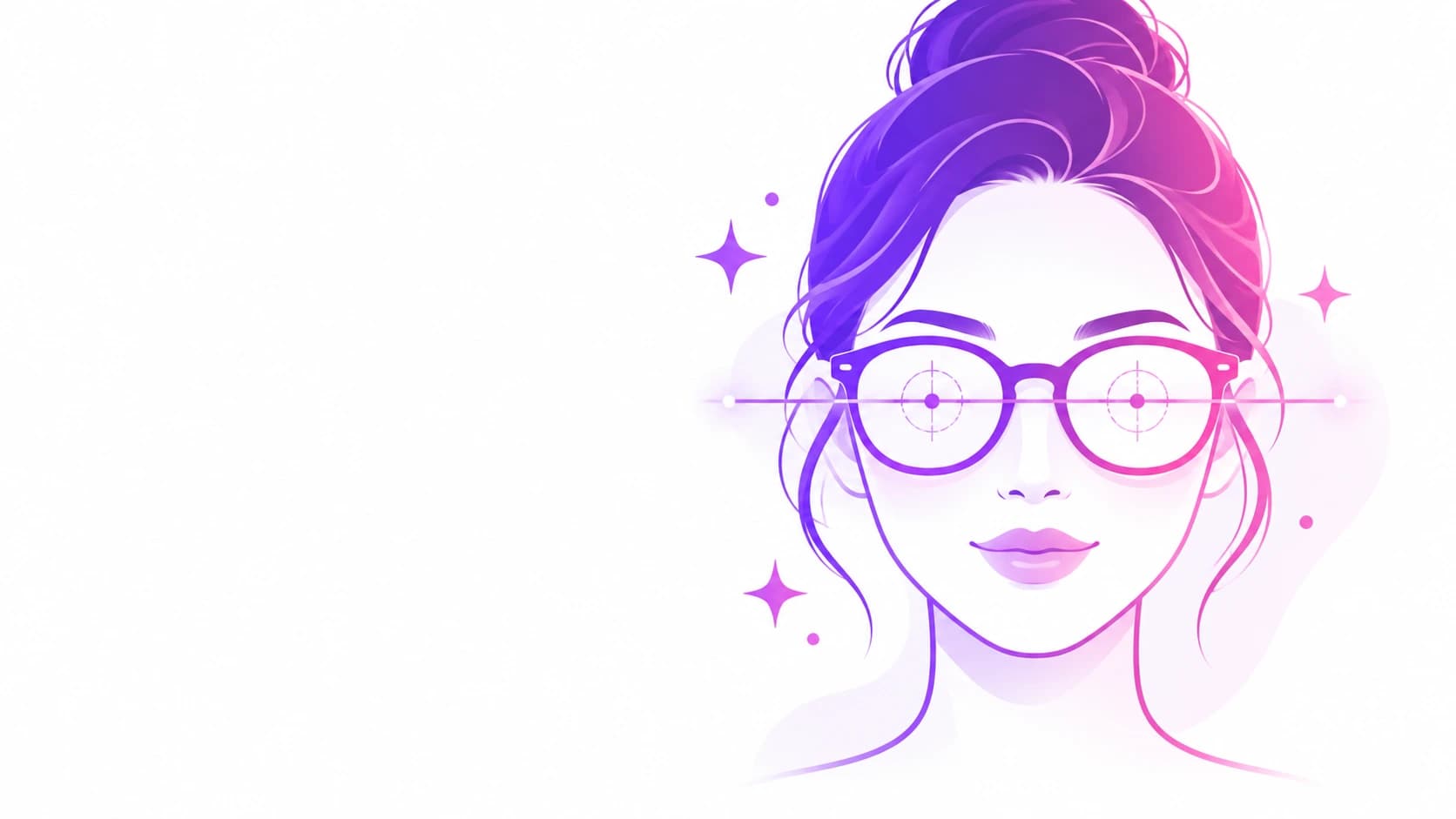 Illustration of a face wearing glasses with a facial landmark scan line and sparkle accents