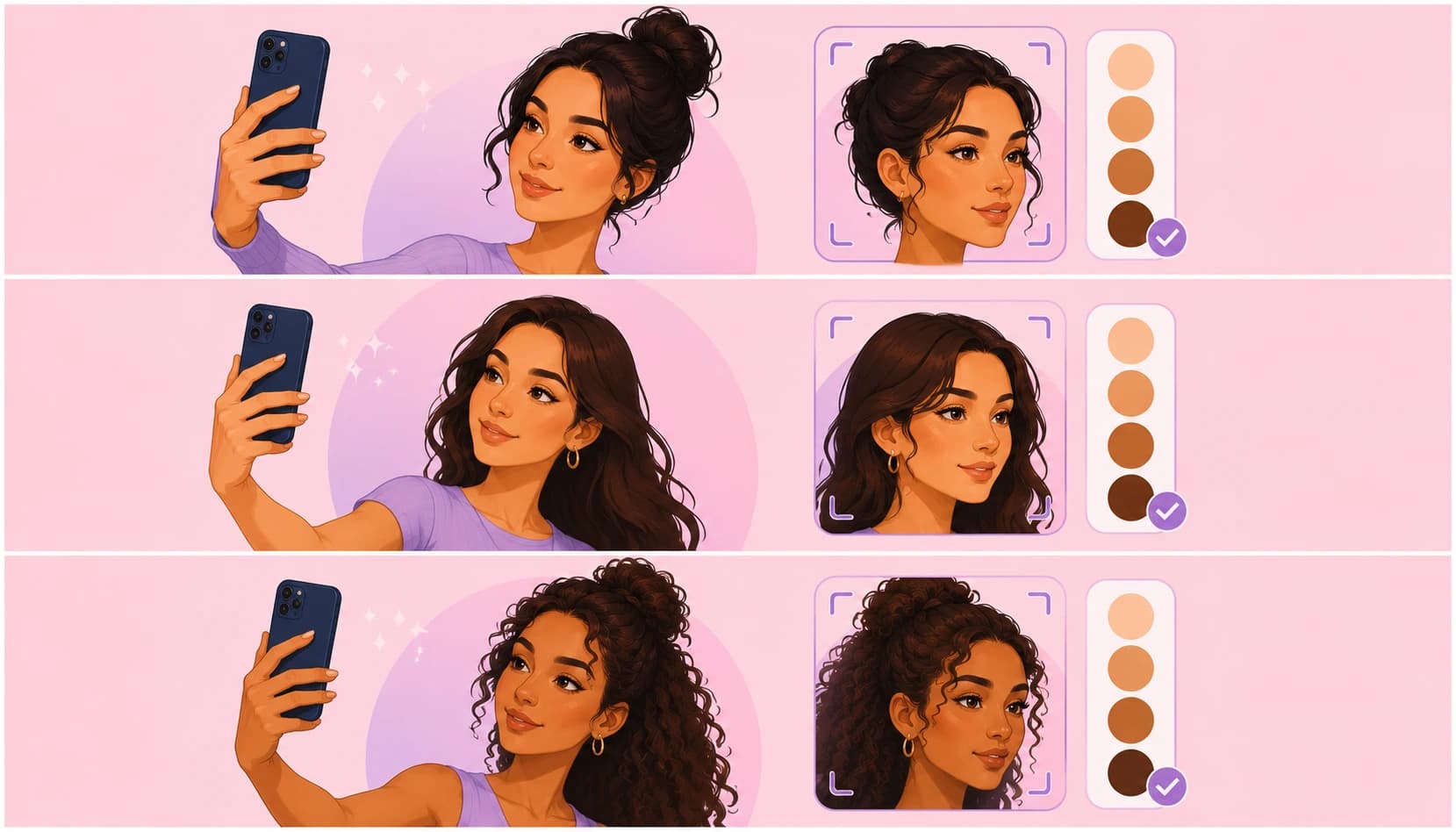 Three women taking selfies with their phones next to scanned face previews and matched foundation shade swatches