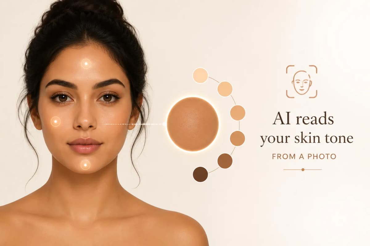 AI skin tone analyzer sampling cheeks, forehead and chin from a photo