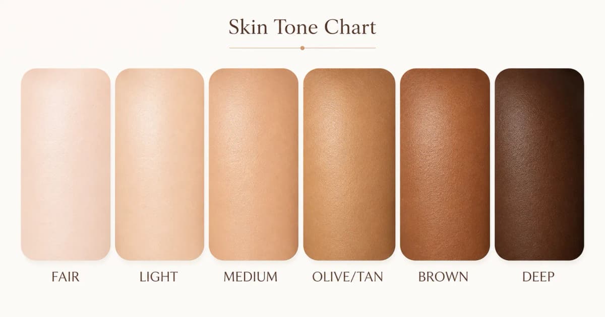 Skin tone chart showing 6 skin tones from fair to deep with names
