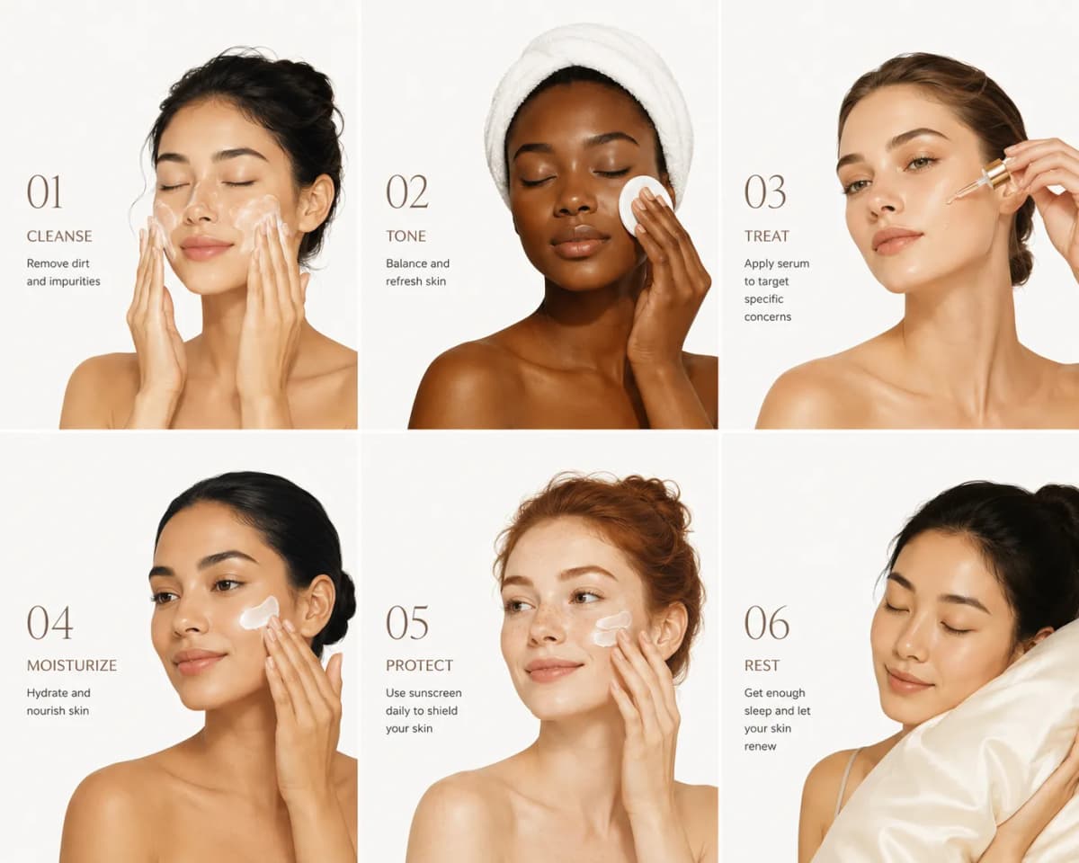 Skincare routine steps shown across different skin tones