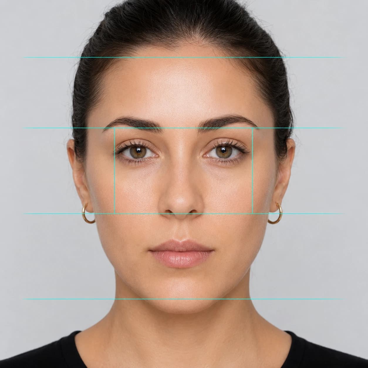 Facial proportion analysis showing horizontal thirds lines and eye-width guides on a woman's face