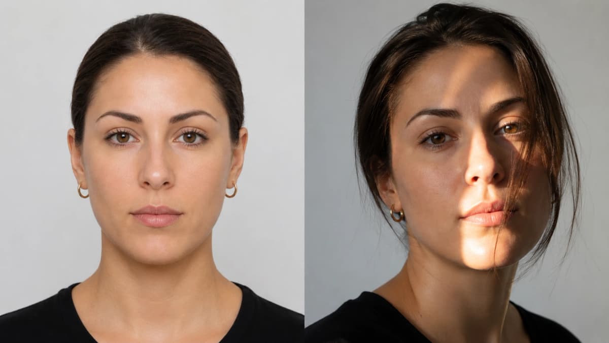 Comparison of good and bad photo conditions for a face symmetry test