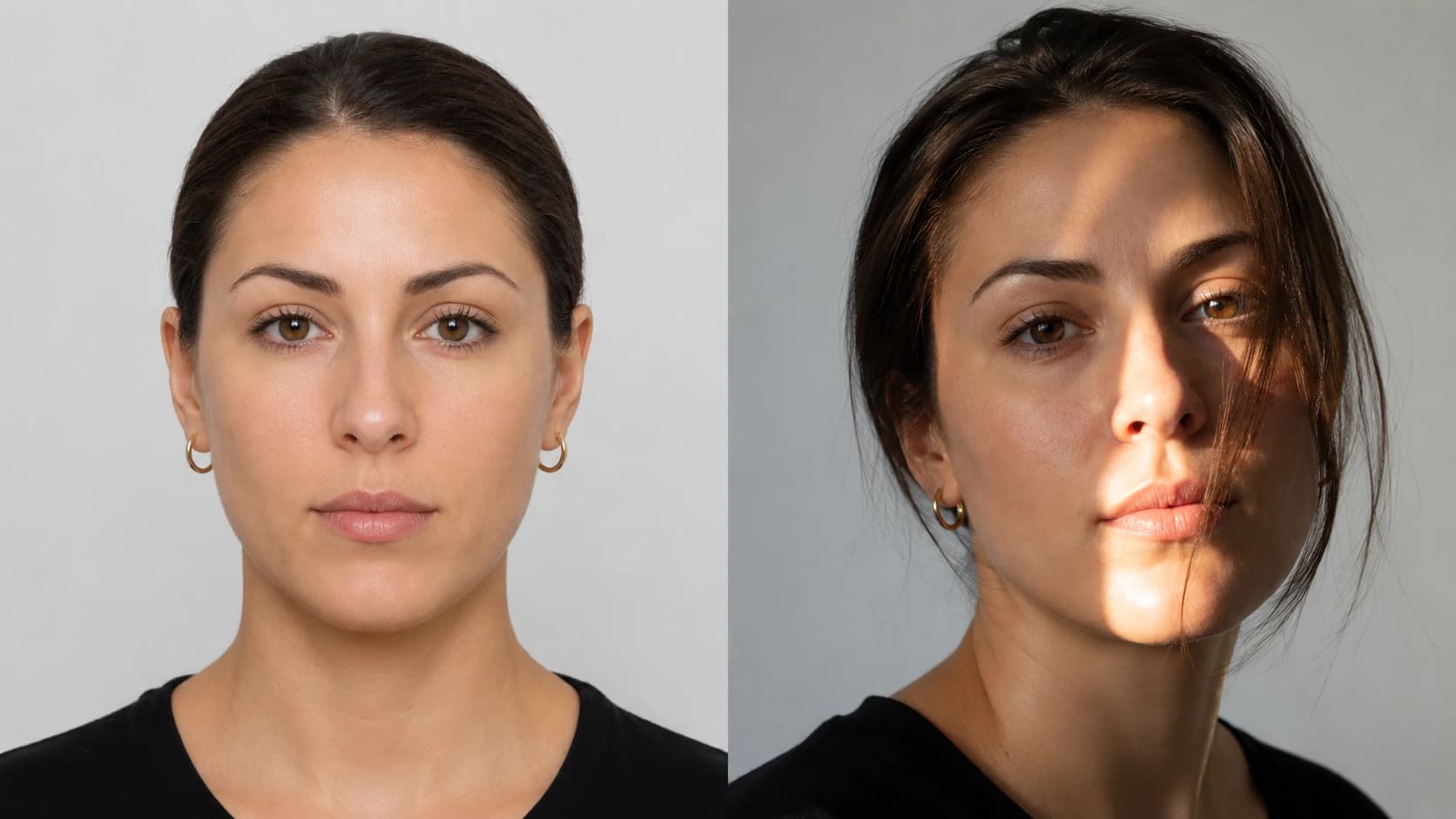 Comparison of good and bad photo conditions for a face symmetry test