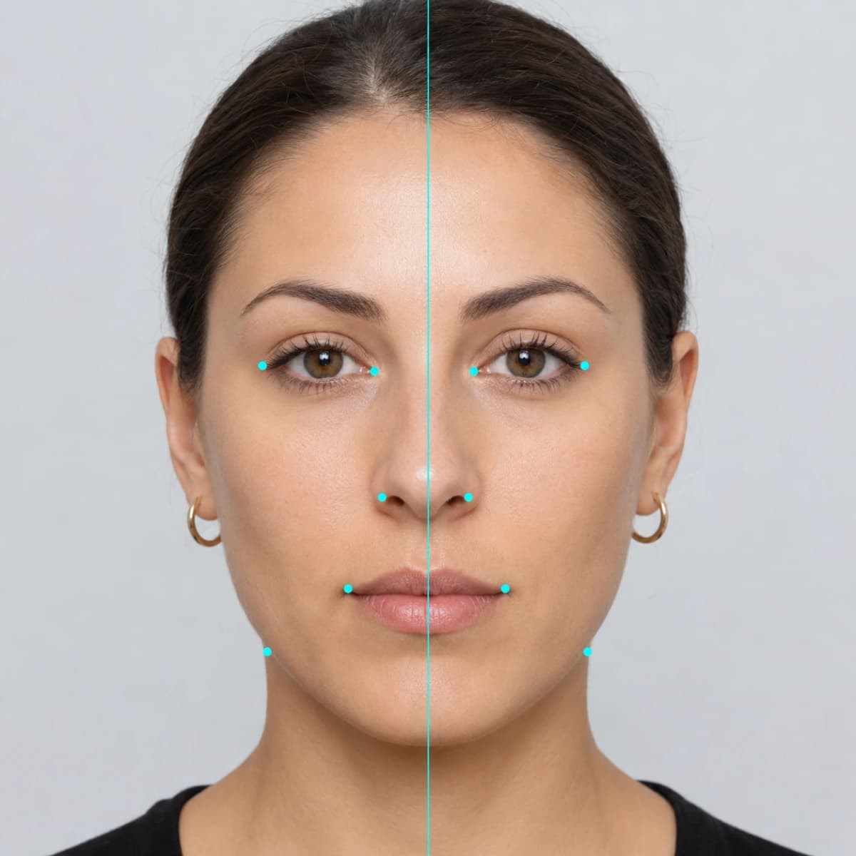 Face symmetry test example showing a vertical midline and paired landmark dots on a woman's face