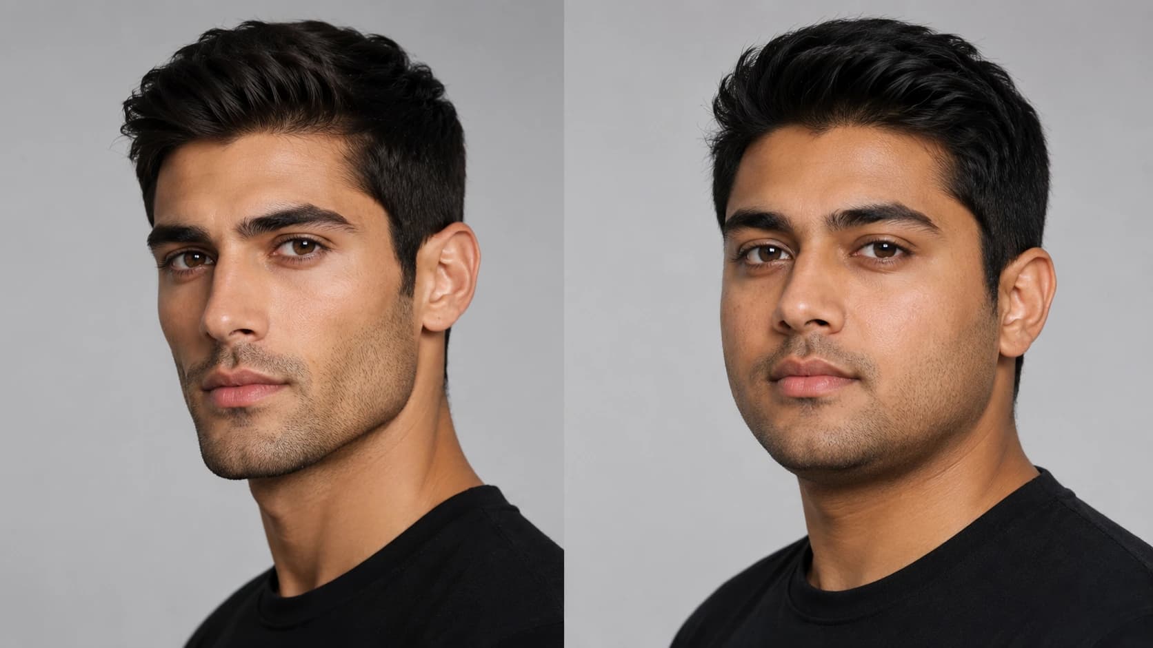 Comparison of a defined angular jawline and a soft rounded jawline on two men