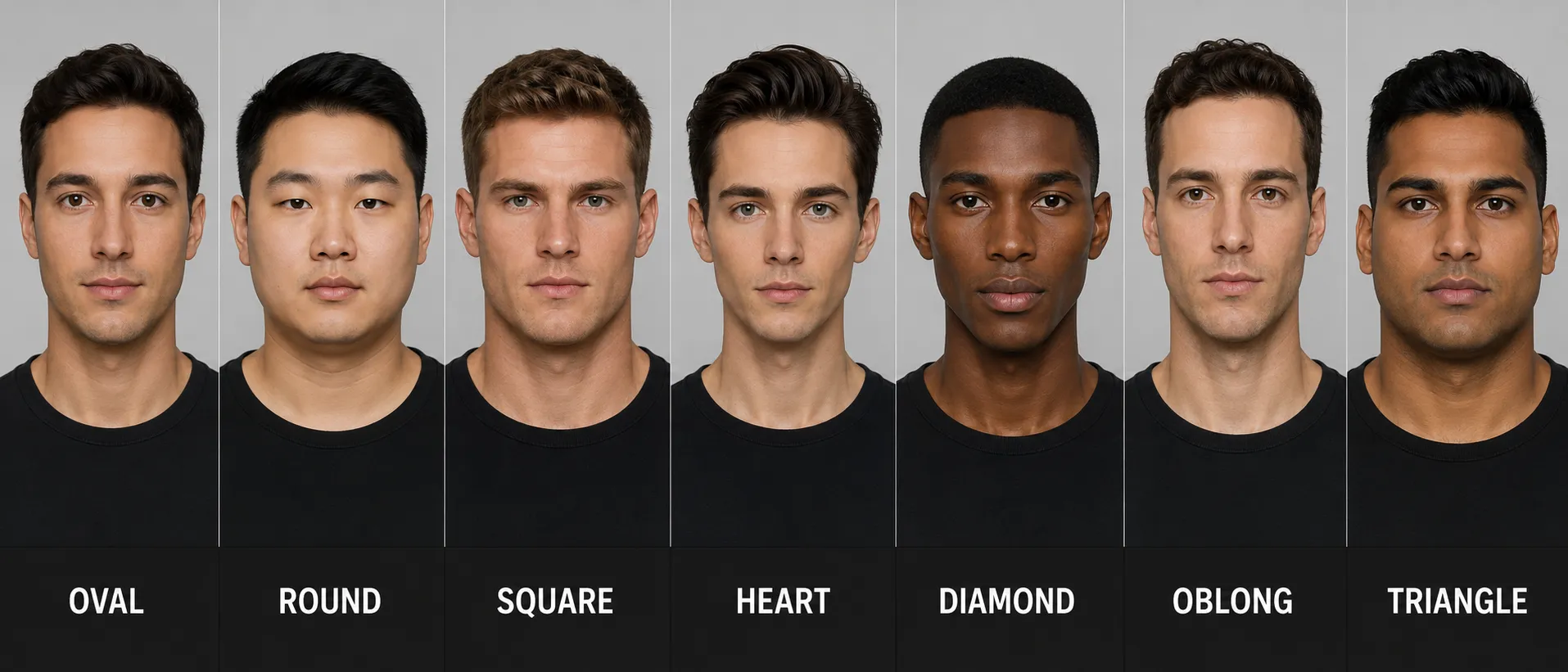 Male face shapes comparison chart showing seven men with oval, round, square, heart, diamond, oblong and triangle face shapes